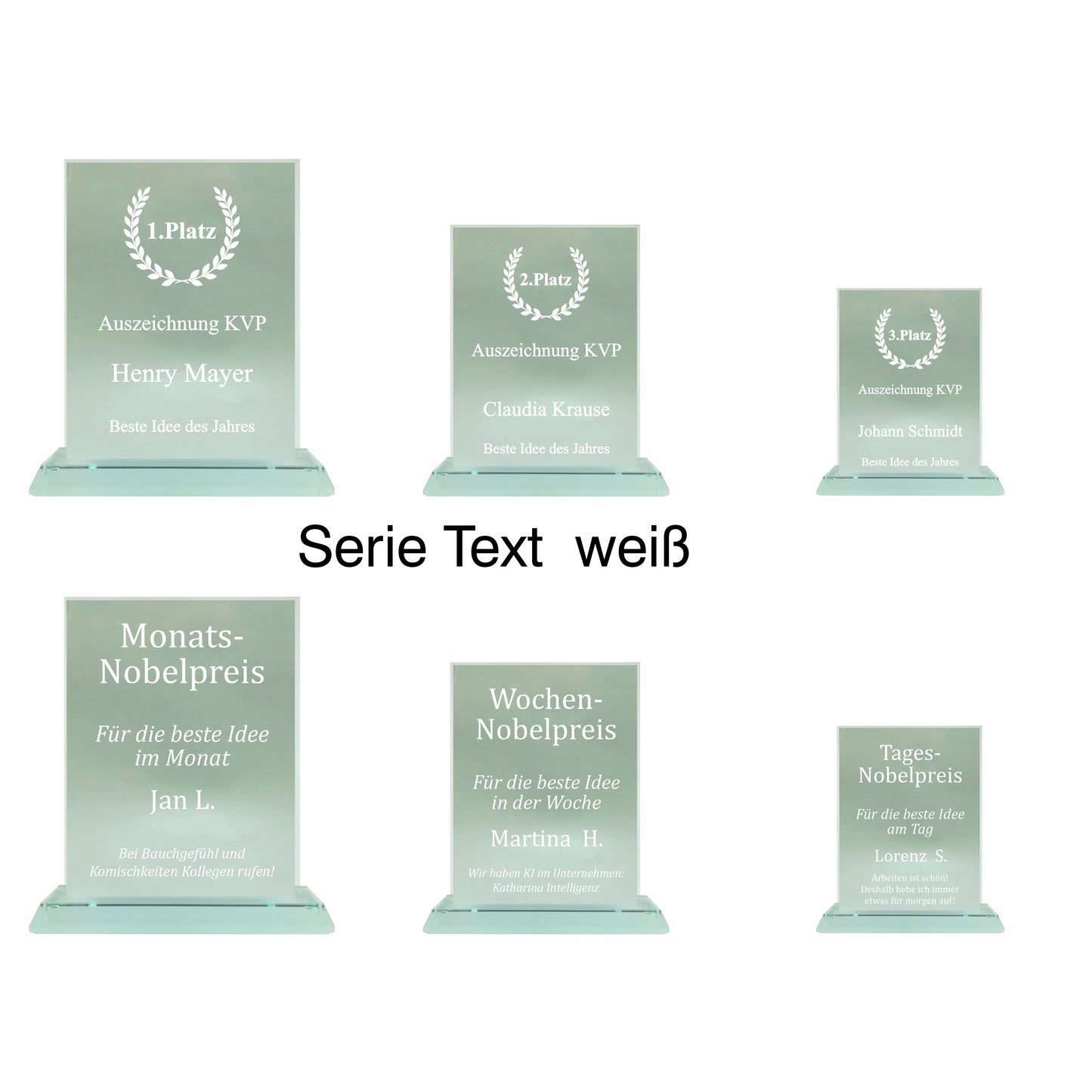 Übersicht Glaspokal, Glastrophäe aus Jadeglas Form Rechteck, Serie, mit Text, 65086, 65088, 65090