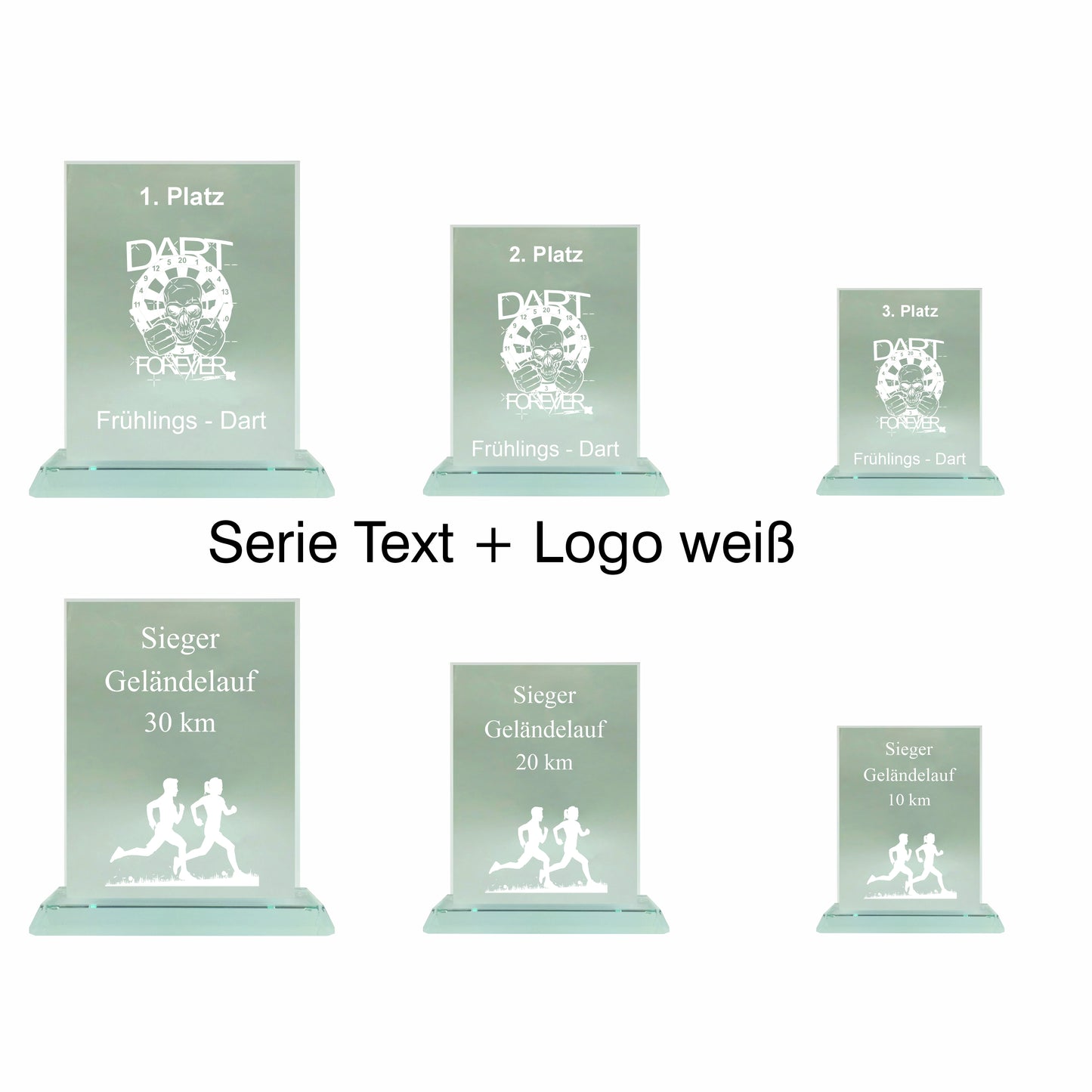 Übersicht Glaspokal, Glastrophäe aus Jadeglas Form Rechteck, Serie, mit Text + Logo, 65086, 65088, 65090