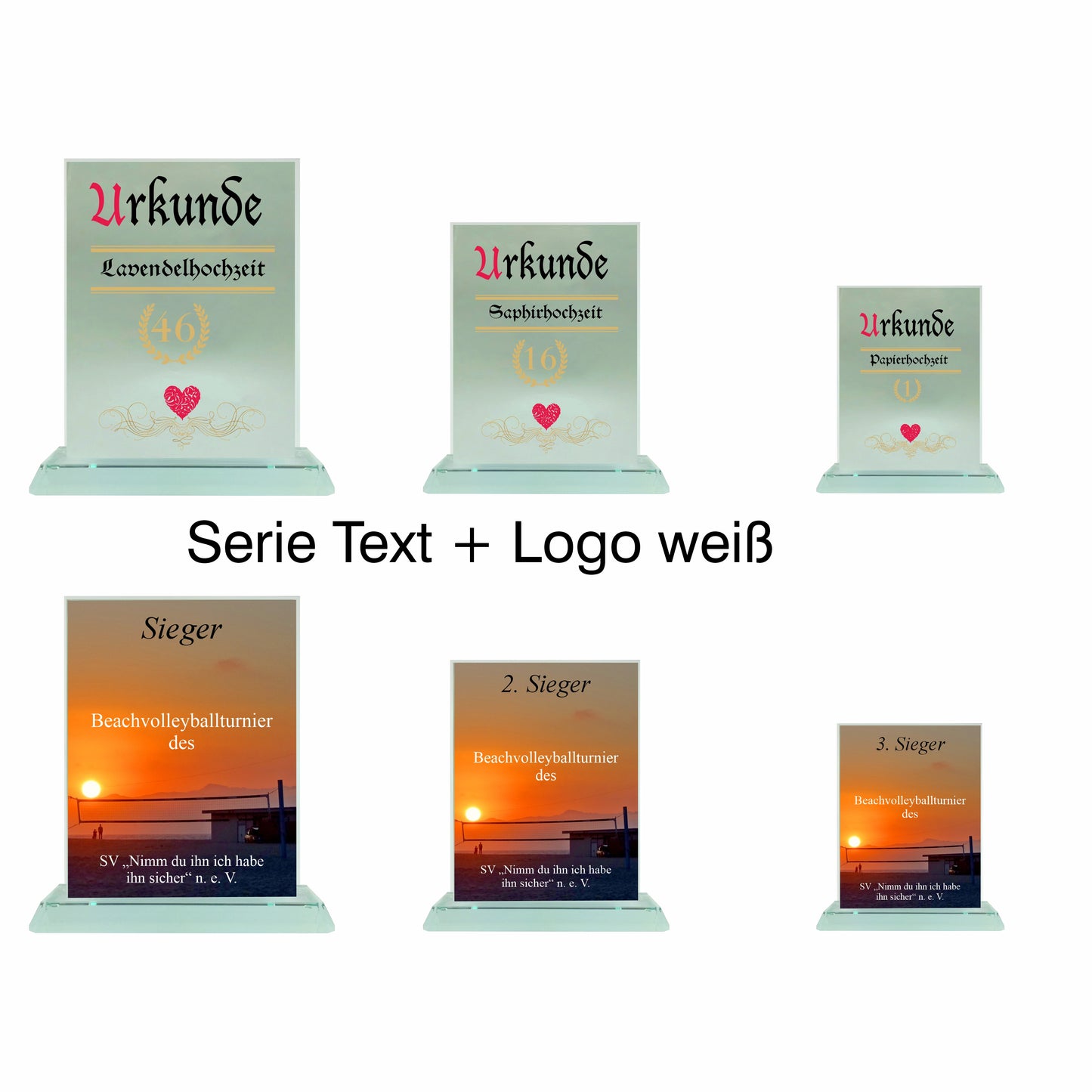 Übersicht Glaspokal, Glastrophäe aus Jadeglas Form Rechteck, Serie, mit Text + Logo farbig, 65086, 65088, 65090