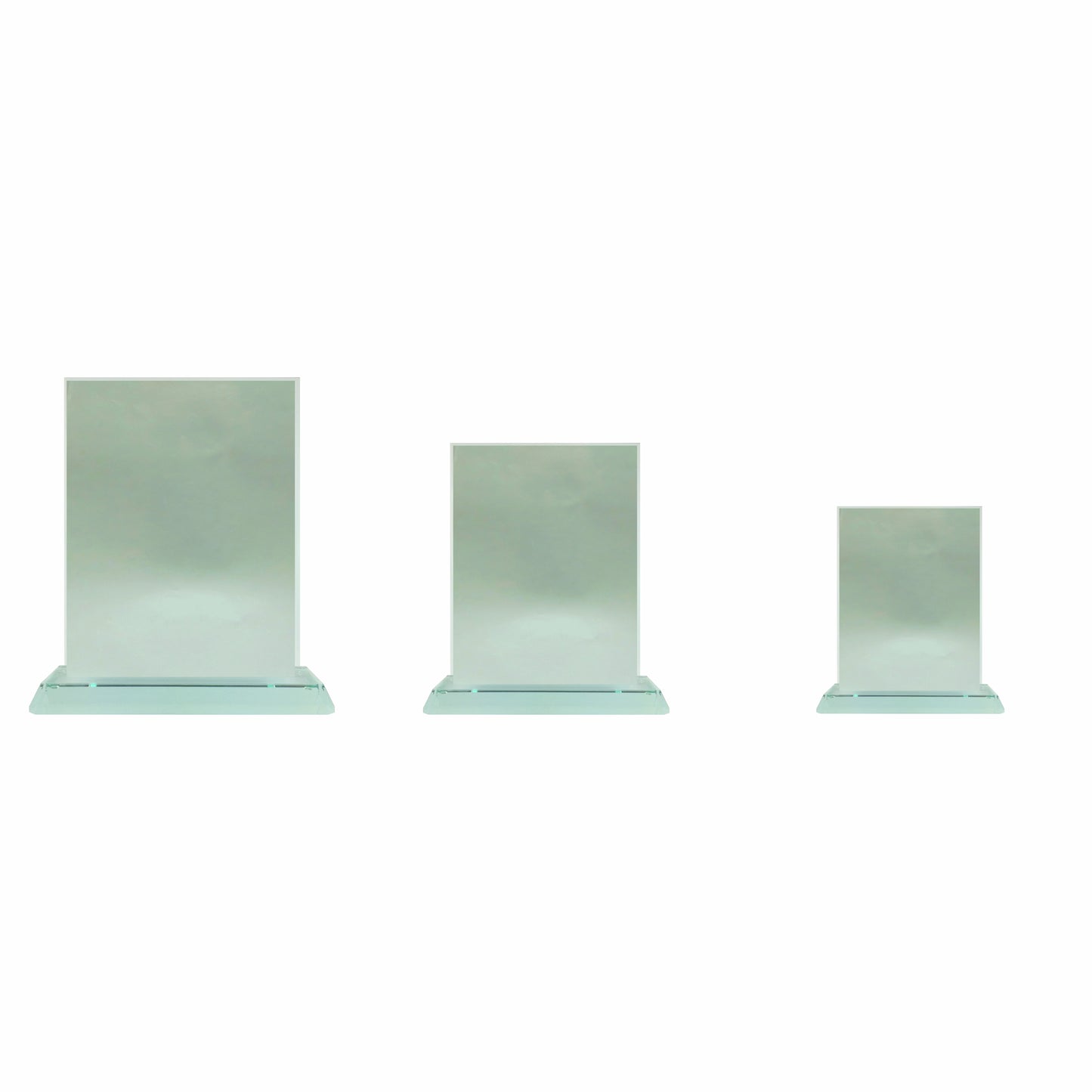 Übersicht Glaspokal, Glastrophäe aus Jadeglas Form Rechteck, Größe Serie, ohne Beschriftung, 65086, 65088, 65090