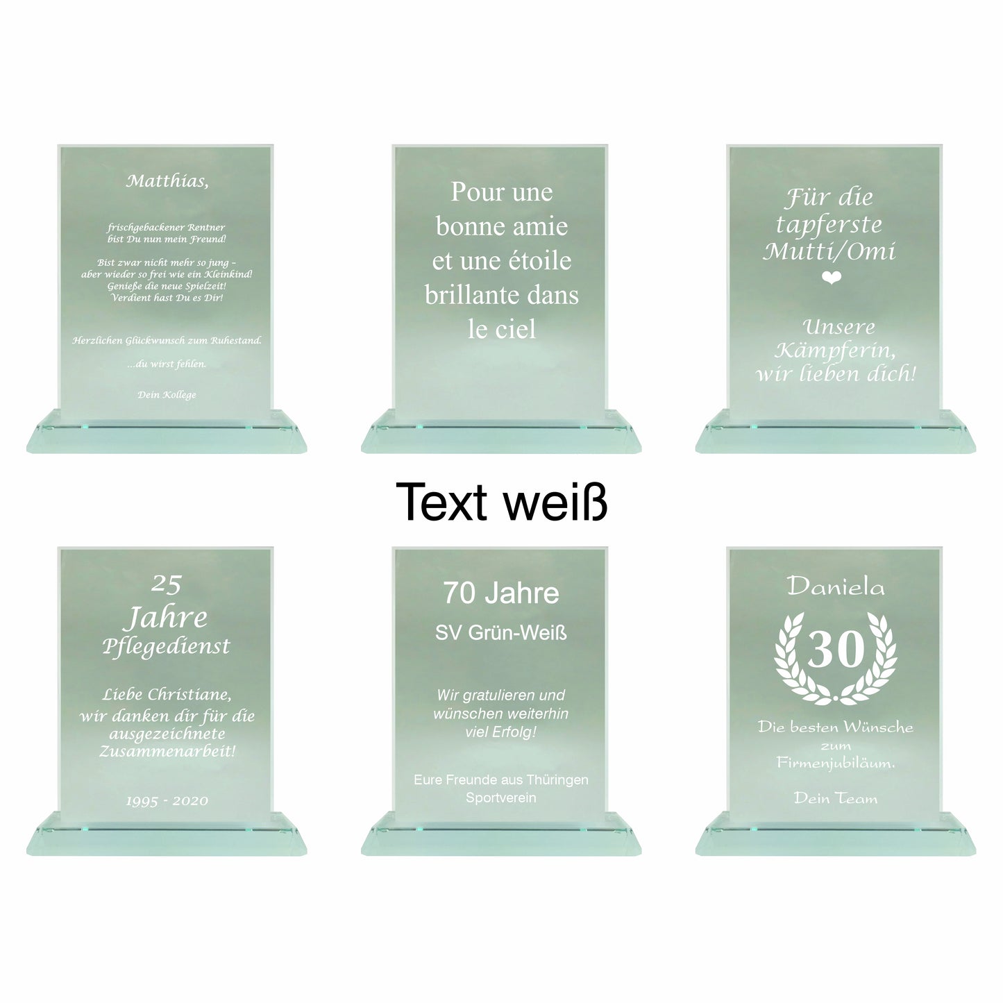 Übersicht Glaspokal, Glastrophäe aus Jadeglas Form Rechteck, Größe groß, mit Text, 65086,