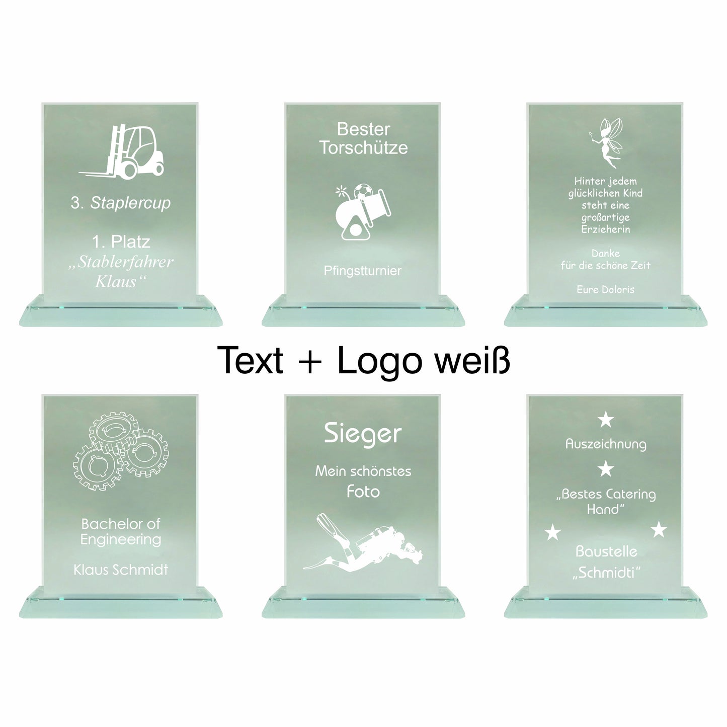 Übersicht Glaspokal, Glastrophäe aus Jadeglas Form Rechteck, Größe groß, mit Text + Logo, 65086