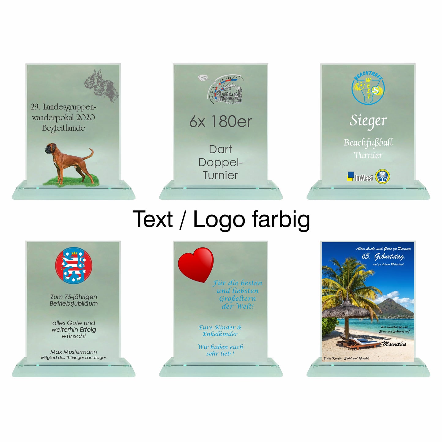 Übersicht Glaspokal, Glastrophäe aus Jadeglas Form Rechteck, Größe groß, mit Text + Logo farbig, 65086