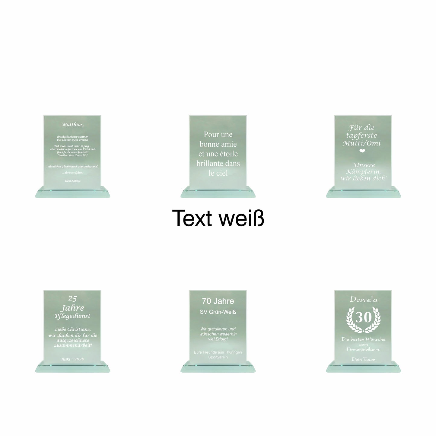 Übersicht Glaspokal, Glastrophäe aus Jadeglas Form Rechteck, Größe klein, mit Text, 65090