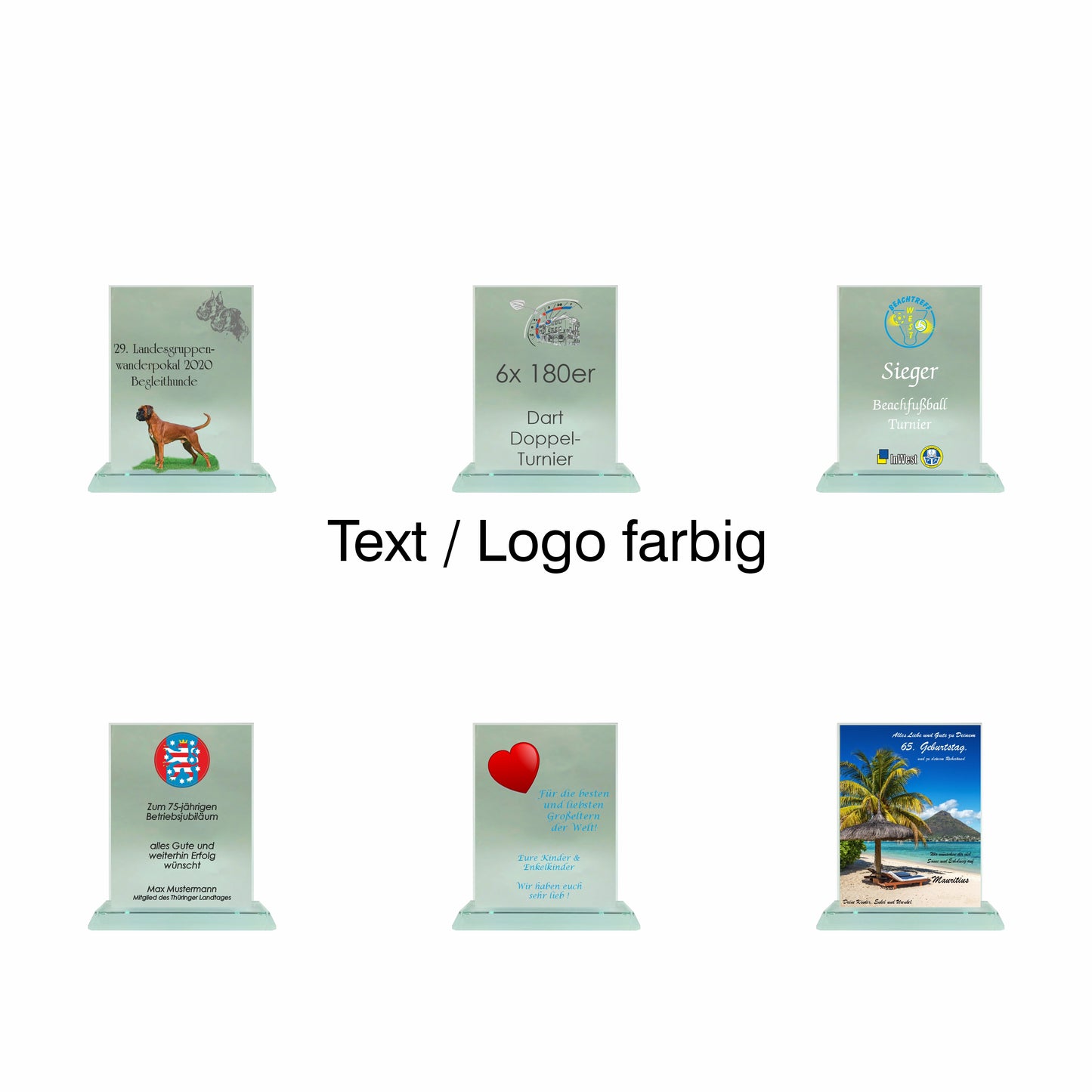 Übersicht Glaspokal, Glastrophäe aus Jadeglas Form Rechteck, Größe klein, mit Text + Logo farbig, 65090