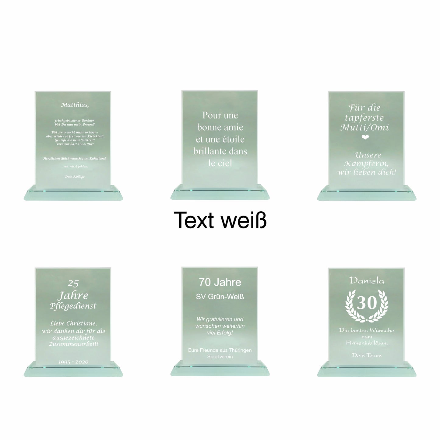 Übersicht Glaspokal, Glastrophäe aus Jadeglas Form Rechteck, Größe mittel, mit Text, 65088