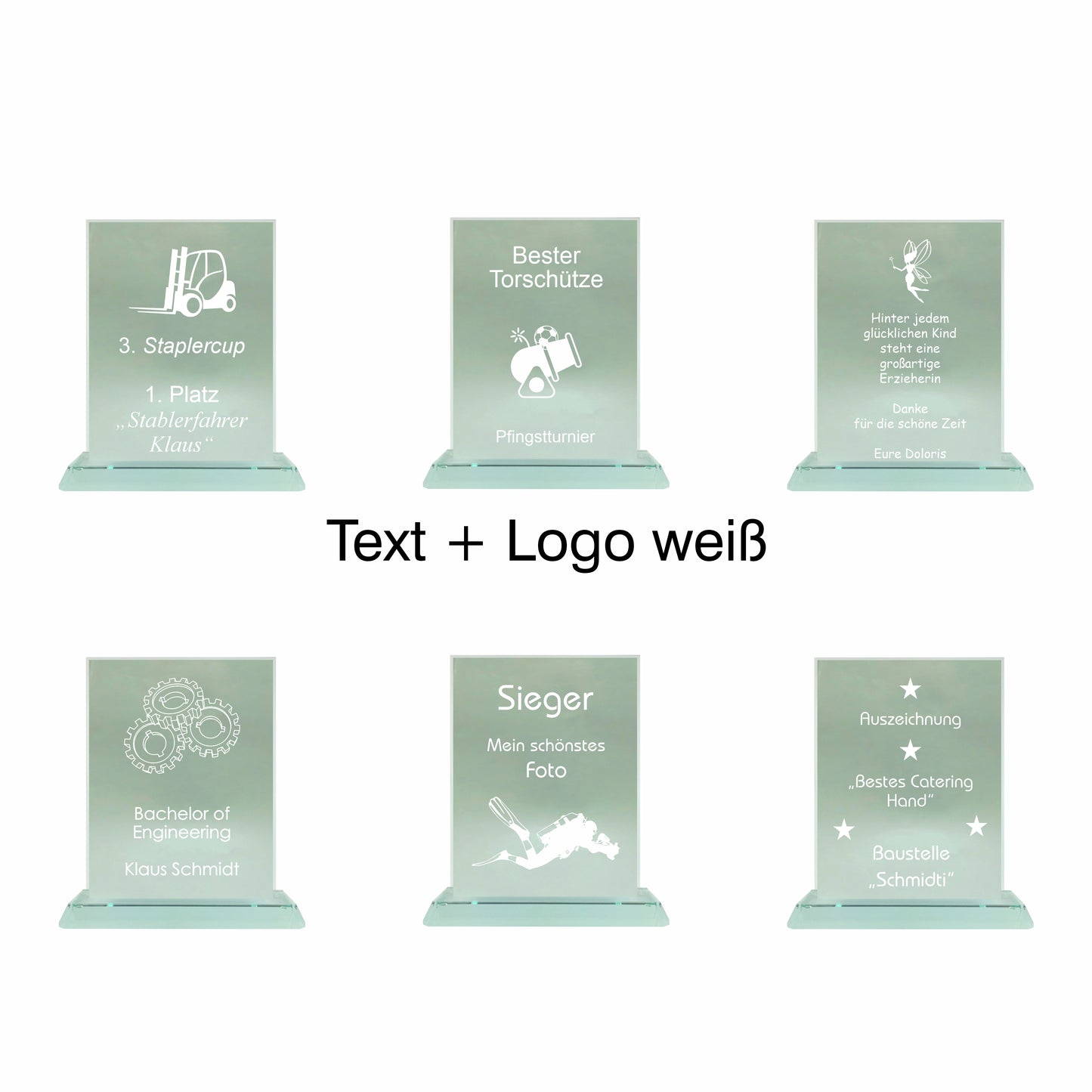 Übersicht Glaspokal, Glastrophäe aus Jadeglas Form Rechteck, Größe mittel, mit Text + Logo, 65088