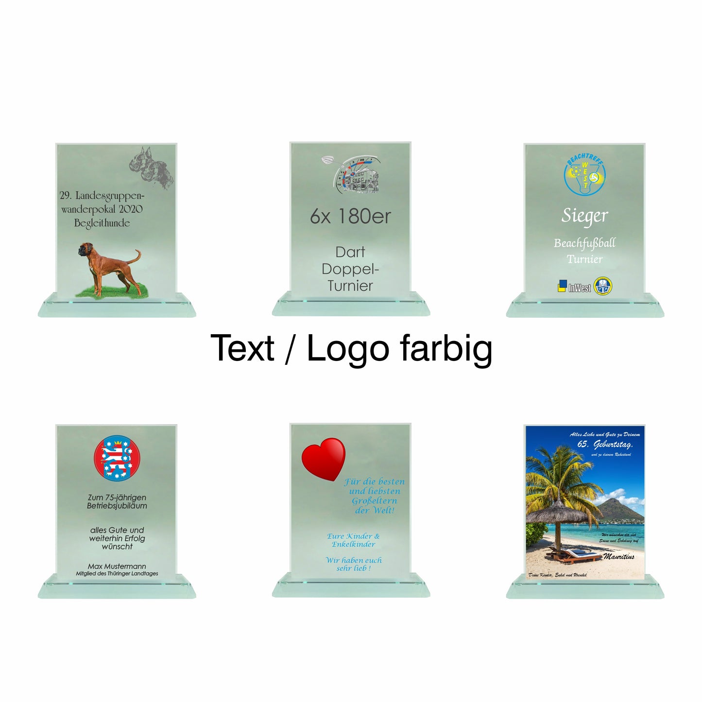 Übersicht Glaspokal, Glastrophäe aus Jadeglas Form Rechteck, Größe mittel, mit Text + Logo farbig, 65088