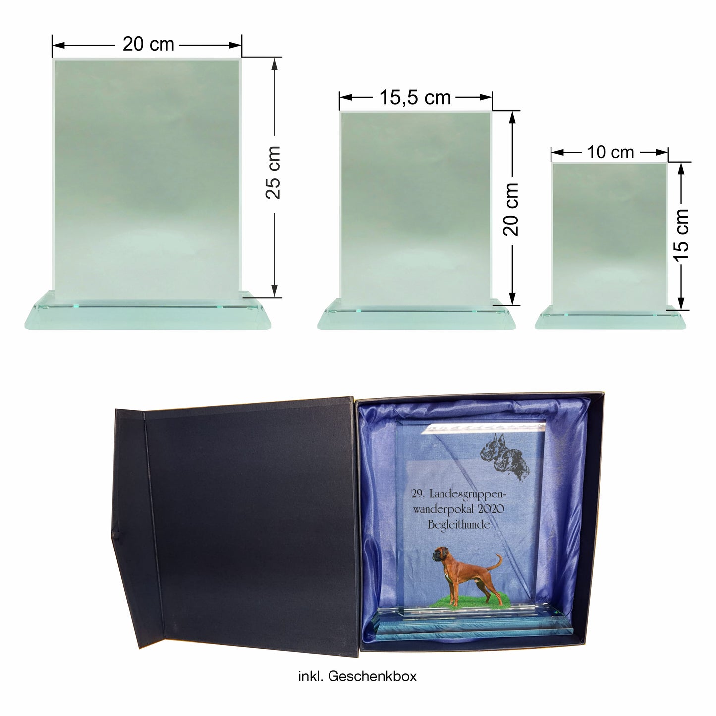 Übersicht größen Glaspokal, Glastrophäe aus Jadeglas Form Rechteck, 65086, 65088, 65090