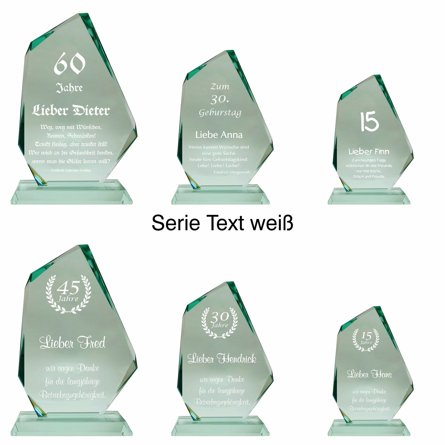 Übersicht Glaspokal, Glastrophäe aus Jadeglas, Form Fels, Größe Serie, mit Text, 65741, 65743, 65743
