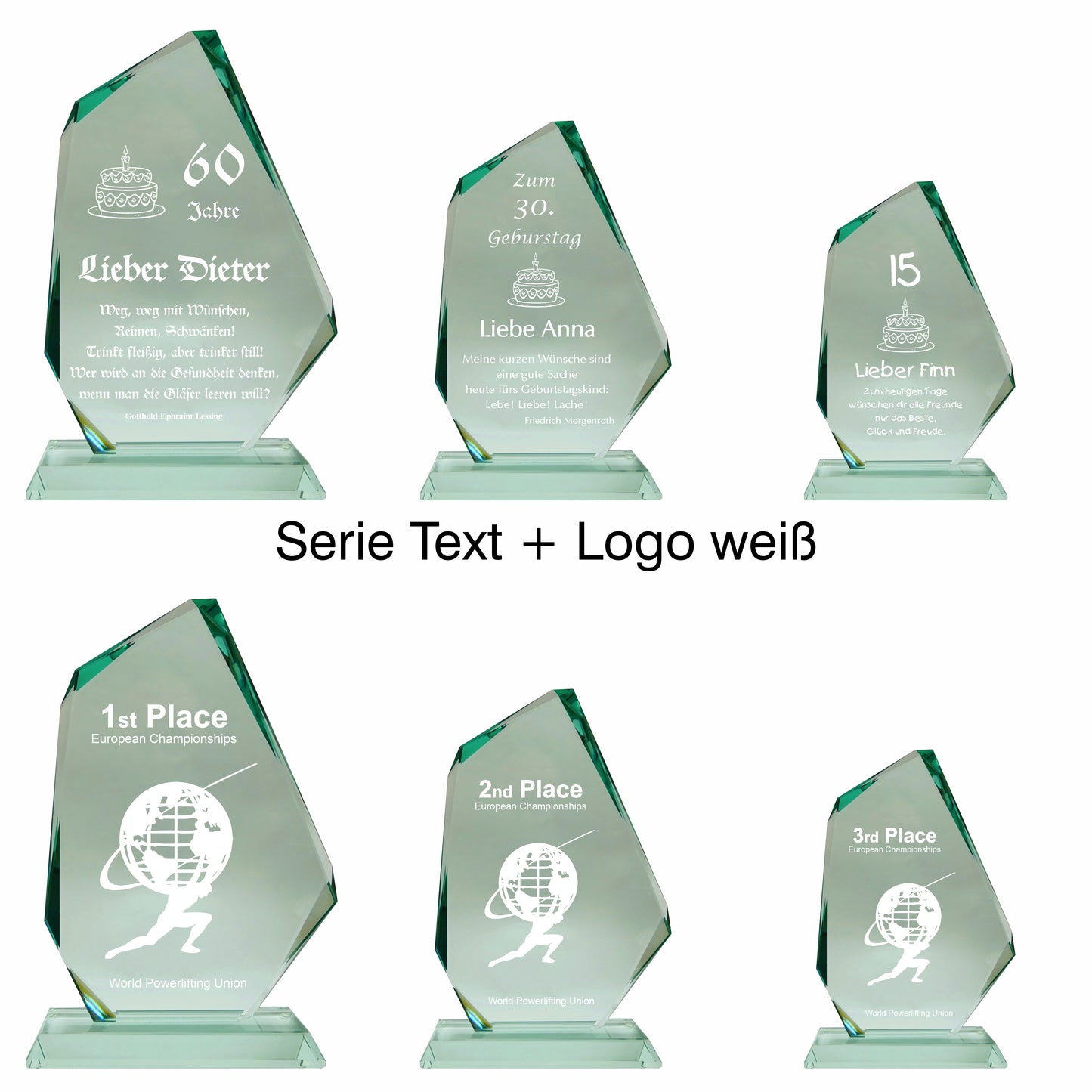Übersicht Glaspokal, Glastrophäe aus Jadeglas, Form Fels, Größe Serie, mit Text + Logo, 65742, 65742, 65743