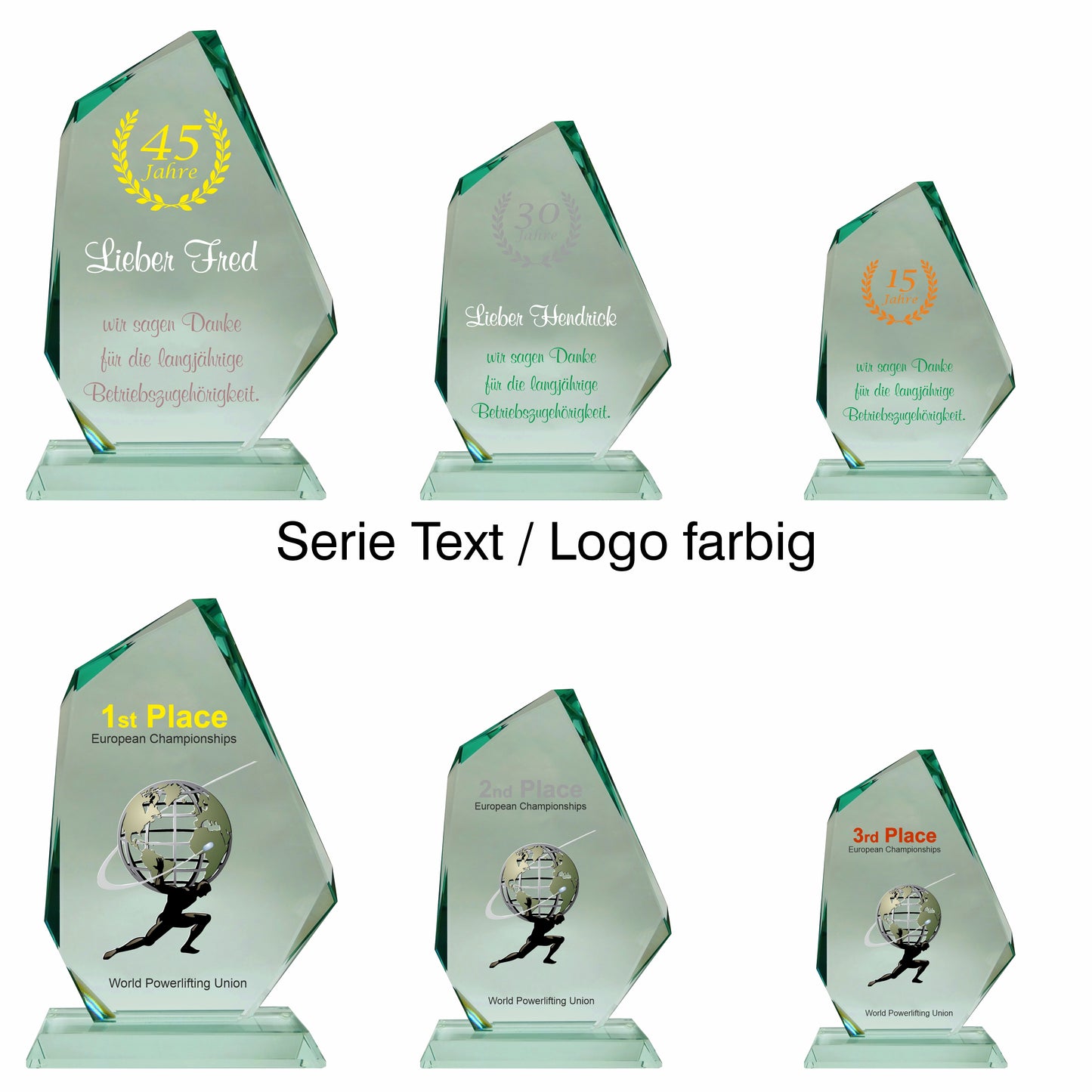 Übersicht Glaspokal, Glastrophäe aus Jadeglas, Form Fels, Größe Serie, mit Text + Logo farbig, 65741, 65742, 65743