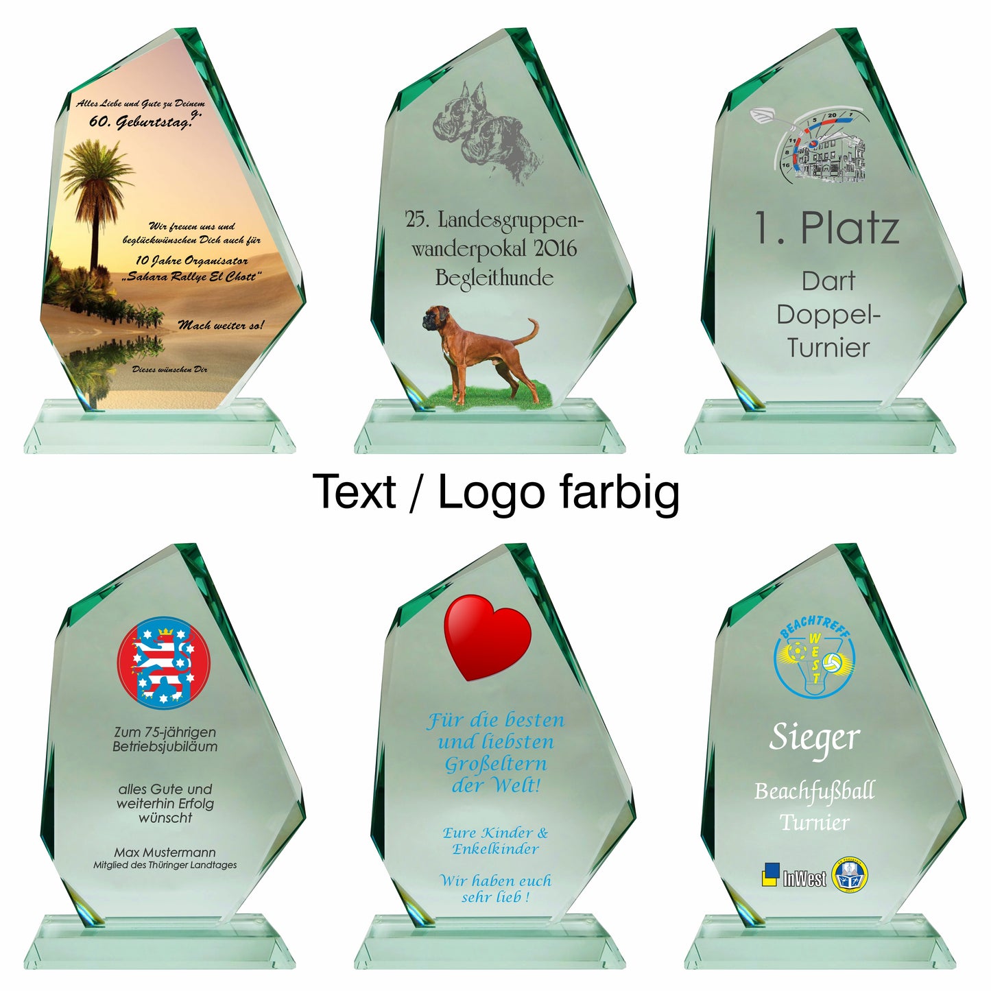 Übersicht Glaspokal, Glastrophäe aus Jadeglas, Form Fels, Größe groß, mit Text + Logo farbig, 65741