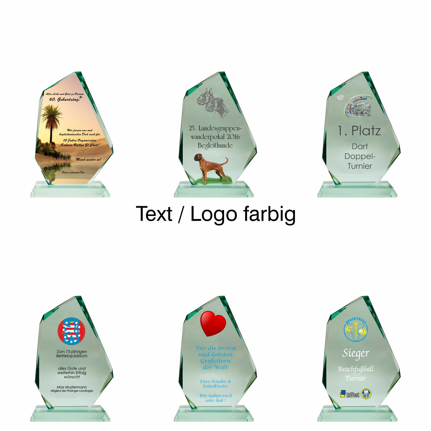 Übersicht Glaspokal, Glastrophäe aus Jadeglas, Form Fels, Größe klein, mit Text + Logo farbig, 65743