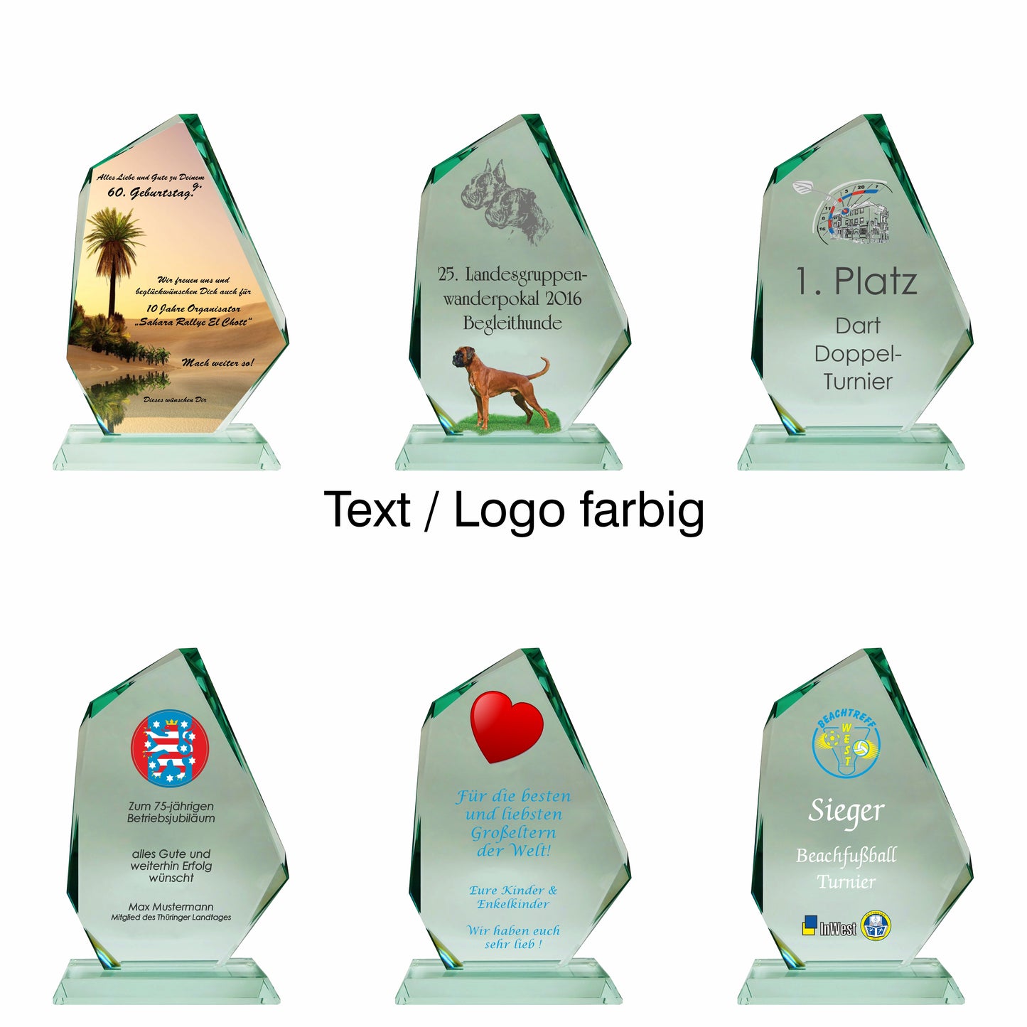 Übersicht Glaspokal, Glastrophäe aus Jadeglas, Form Fels, Größe mittel, mit Text + Logo farbig, 65742