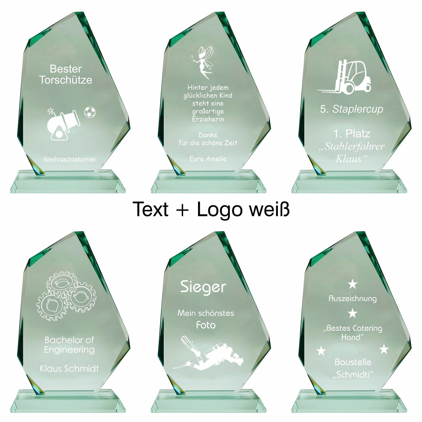 Übersicht Glaspokal, Glastrophäe aus Jadeglas, Form Fels, Größe groß, mit Text + Logo, 65741