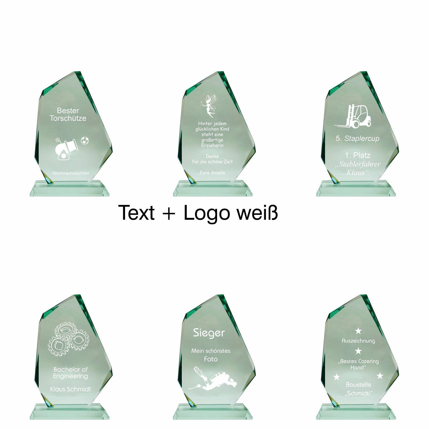 Übersicht Glaspokal, Glastrophäe aus Jadeglas, Form Fels, Größe klein, mit Text + Logo, 65743