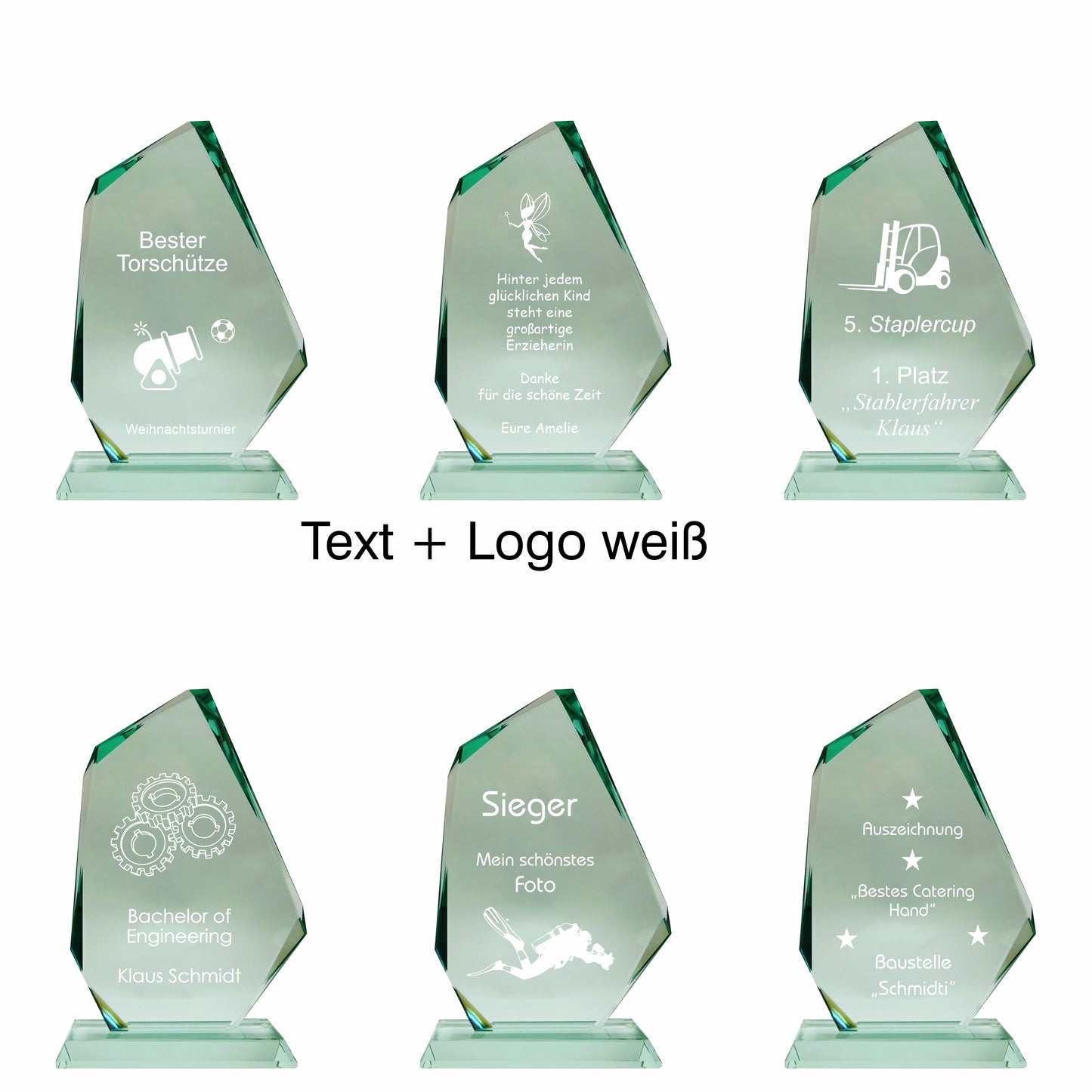 Übersicht Glaspokal, Glastrophäe aus Jadeglas, Form Fels, Größe mittel, mit Text, 65742
