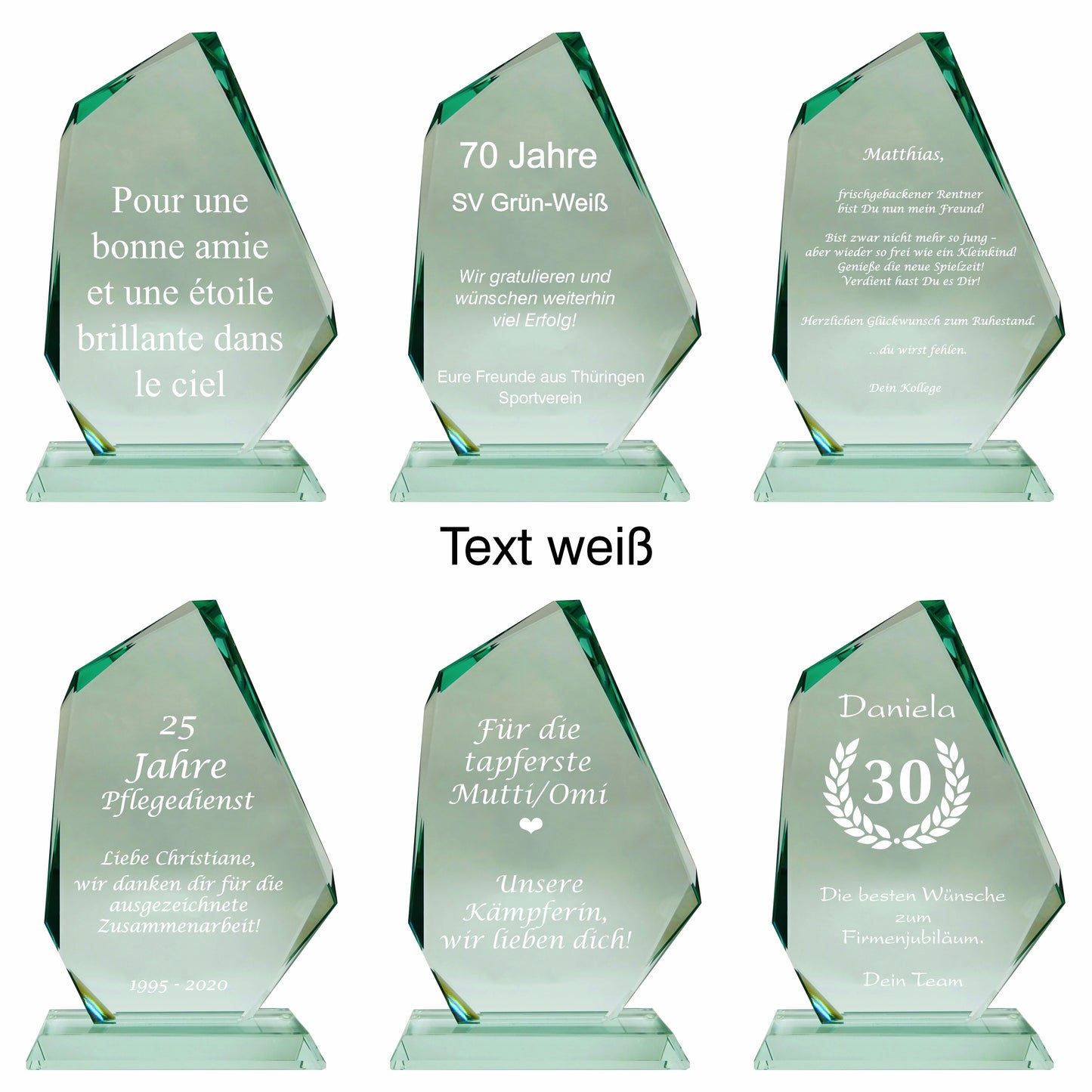 Übersicht Glaspokal, Glastrophäe aus Jadeglas, Form Fels, Größe groß, mit Text, 65741