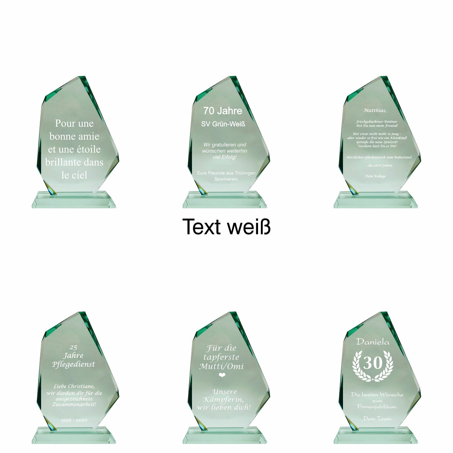 Übersicht Glaspokal, Glastrophäe aus Jadeglas, Form Fels, Größe klein, mit Text, 65743