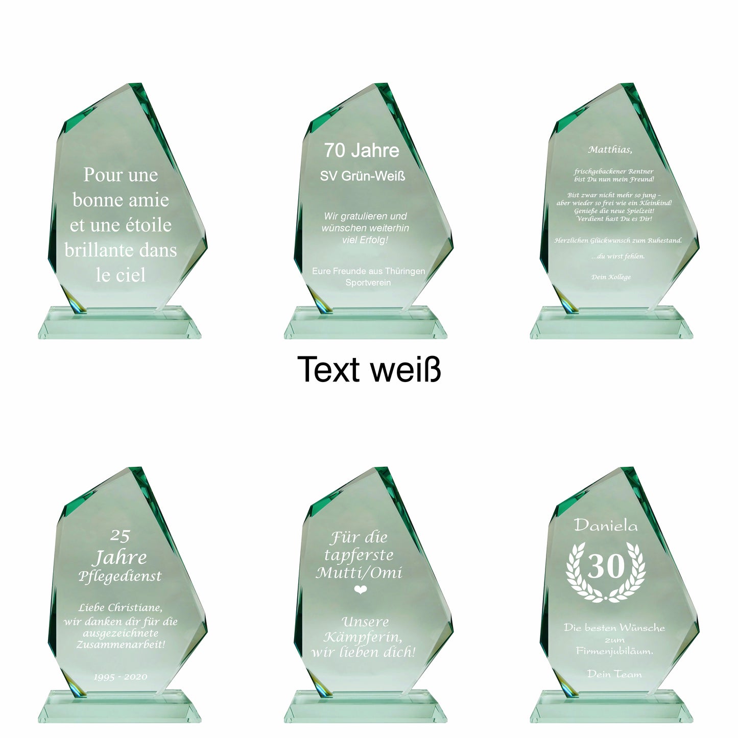 Übersicht Glaspokal, Glastrophäe aus Jadeglas, Form Fels, Größe klein, mit Text, 65743